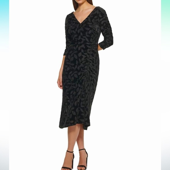 KENSIE Women's Dress Size 8 Velvet Black Burnout Body Con V-Neck 3/4 Sleeves NWT - Picture 1 of 7